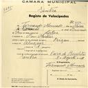 Registo de velocípede de marca Origan, com o nº 4349, em nome de Fernando Moncado, morador em Mem Martins.