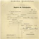 Registo de velocípede de marca Oriental, com o nº 411, em nome de Reinaldo Joaquim Tomás, morador em Pero Pinheiro.