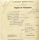 Registo de velocípede com o nº 2087, em nome de Josef Maria Fawor, morador em Algueirão.