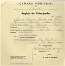 Registo de velocípede de marca Dinar, com o nº 1483, em nome de Jaime Francisco Ramilo, morador em Pero Pinheiro.