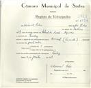 Registo de velocípede de marca Nacional, com o nº 8996, em nome de Manuel Pedro, morador em Queluz.