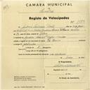 Registo de velocípede de marca The Union, com o nº 1573, em nome de António Salvado Pinto, morador em Agualva.