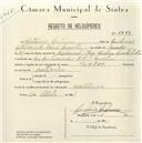 Registo de velocípede de marca Hunter, com o nº 5443, em nome de António Antunes, morador em Rua dos Lusiadas, Queluz.