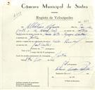 Registo de velocípede de marca Cicles Pombal, com o nº 9419, em nome de Albertino Afonso, morador em Sintra.