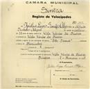 Registo de velocípede com o nº 288, em nome de Júlio Lopes Simões Alípio, morador em Vila Verde.