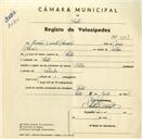 Registo de velocípede de marca Soltex, com o nº 3148, em nome de Amadeu Duarte Bernardo, morador em Sintra.
