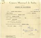 Registo de velocípede de marca Ilo, com o nº 9857, em nome de António Paulo Ribeiro, morador em Azenhas do Mar.