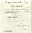 Registo de velocípede com o nº 5017, em nome de Miguel António Paiva Carneiro de Moura, morador em Praia das Maçãs.