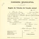 Registo de um veiculo de duas rodas tirado por dois animais de espécie asinina destinado a transporte de mercadorias em nome de Sebastião Simões, morador em Odrinhas.