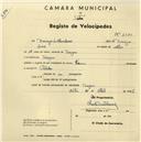 Registo de velocípede de marca Toman, com o nº 2480, em nome de Domingos da Silva Inácio, morador em Terrugem.
