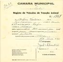 Registo de um veiculo de duas rodas tirado por um animal de espécie muar destinado a transporte de mercadorias em nome de António Venâncio, morador em Albogas.
