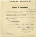 Registo de velocípede de marca J.M.N., com o nº 1374, em nome de Olímpia Rodrigues Pita Gonçalves, moradora em Pendão, Vivenda Santa Teresinha.