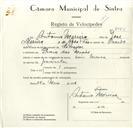 Registo de velocípede com o nº 8942, em nome de António Moreira, morador em Praia das Maçãs.