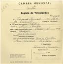 Registo de velocípede de marca Nacional, com o nº 1458, em nome de Fernando Moncado, morador em Mem Martins.