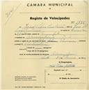 Registo de velocípede de marca Toman, com o nº 1785, em nome de João Pedro Caetano, morador em Almoçageme.