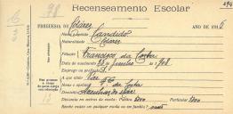 Recenseamento escolar de Cândido da Costa, filho de Francisco da Costa, morador nas Azenhas do Mar.