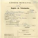 Registo de velocípede de marca Hercules, com o nº 4240, em nome de José Carlos Lourenço Rodrigues, morador em S. Pedro de Sintra.