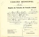 Registo de um veiculo de duas rodas tirado por um animal de espécie muar destinado a transporte de mercadorias em nome de Miguel Luís Gaspar, morador no Cacém de Cima.