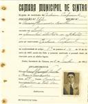 Registo de matricula de cocheiro profissional em nome de Manuel Fernandes Coelho, morador no Linhó, com o nº de inscrição 953.