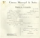 Registo de velocípede de marca Lambreta, com o nº 8987, em nome de Mário Dias da Costa, morador em S. Pedro de Sintra.