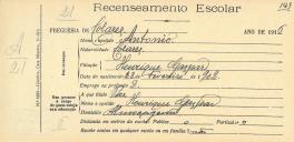 Recenseamento escolar de António Gaspar, filho de Henrique Gaspar, morador em Almoçageme.