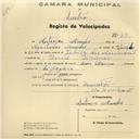 Registo de velocípede com o nº 417, em nome de António Mendes, morador em Baratã.