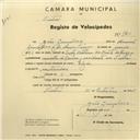 Registo de velocípede de marca Elgin, com o nº 2760, em nome de João Gonçalves, morador em Sintra.