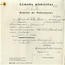 Registo de velocípede de marca Pombal, com o nº 4467, em nome de Armando Coelho Moreira, morador em Massamá.