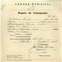Registo de velocípede com o nº 3838, em nome de António Nicolau, morador em Vale Flores.