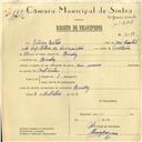 Registo de velocípede com o nº 6034, em nome de António Leitão, morador em Queluz.