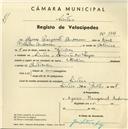 Registo de velocípede de marca Helios, com o nº 3768, em nome de Agnes Margaret Andersen, moradora em Quinta dos Lagos, Sintra.