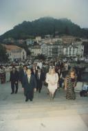 Edite Estrela, presidente da Câmara Municipal de Sintra, na receção da delegação nipónica de Omura em frente ao Palácio Nacional de Sintra para a assinatura do protocolo de geminação de Sintra com Omura.