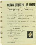 Registo de matricula de velocipedista em nome de António Pinto, morador em Pero Pinheiro, com o nº de inscrição 1664.