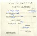 Registo de velocípede de marca Especial, com o nº 9508, em nome de António Augusto, morador em A-da-Beja.