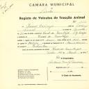 Registo de um veiculo de duas rodas tirado por dois animais de espécie bovina destinado a transporte de mercadorias em nome de Manuel Domingos, morador no Casal do Zambujal, São João das Lampas.