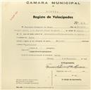 Registo de velocípede de marca Nacional, com o nº 912, em nome de Fernando Pimentel de Moura, morador em Belas.