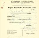 Registo de um veiculo de duas rodas tirado por um animal de espécie muar destinado a transporte de mercadorias em nome de Casa de Saúde do Telhal, sediada no Telhal.