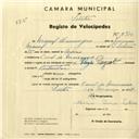 Registo de velocípede de marca Peugeot, com o nº 2970, em nome de Manuel Domingos, morador em Casal de Meiranes.