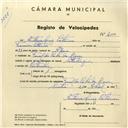 Registo de velocípede de marca Sterling, com o nº 4184, em nome de António Luís Catarino, morador em Farol do Cabo da Roca.