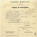 Registo de velocípede de marca Champion, com o nº 1815, em nome de Manuel Marques Faria, morador em Mem Martins.