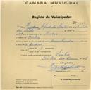 Registo de velocípede com o nº 380, em nome de Alfredo dos Santos, morador em Sintra.