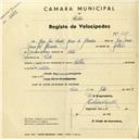Registo de velocípede de marca Soltex, com o nº 3087, em nome de Jorge José Santos Ganço de Almeida, morador em Sintra.