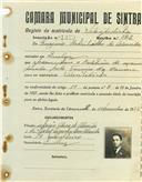 Registo de matricula de velocipedista em nome de Eugénio E. de Almeida, morador em Queluz, com o nº de inscrição 1070.