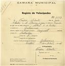 Registo de velocípede com o nº 1609, em nome de Crispim Silvestre, morador em Galamares.