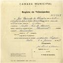 Registo de velocípede de marca Nacional, com o nº 2907, em nome de José Dourado de Oliveira, morador em Paiões.