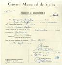 Registo de velocípede de marca Colúmbia, com o nº 8208, em nome de Joaquim Rodolfo, morador em Mem Martins.