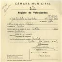 Registo de velocípede de marca Bottechia, com o nº 4108, em nome de Joel Humberto da Luz Costa, morador em Queluz.