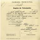 Registo de velocípede de marca Origam, com o nº 1643, em nome de Anita Alberto Gonçalves, moradora em S. Sebastião, Colares.