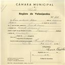 Registo de velocípede de marca Nacional, com o nº 3837, em nome de Pedro António Baleia, morador em Monte Arroio.