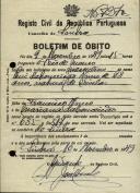 Boletim de óbito de Rui da Conceição Nuno, natural de Odivelas, sepultado no coval nº 7270, do cemitério de S. Marçal.